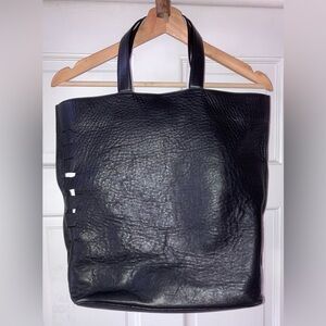 vince. Black Leather Tote with White Contrast Handles and Cut Out Details